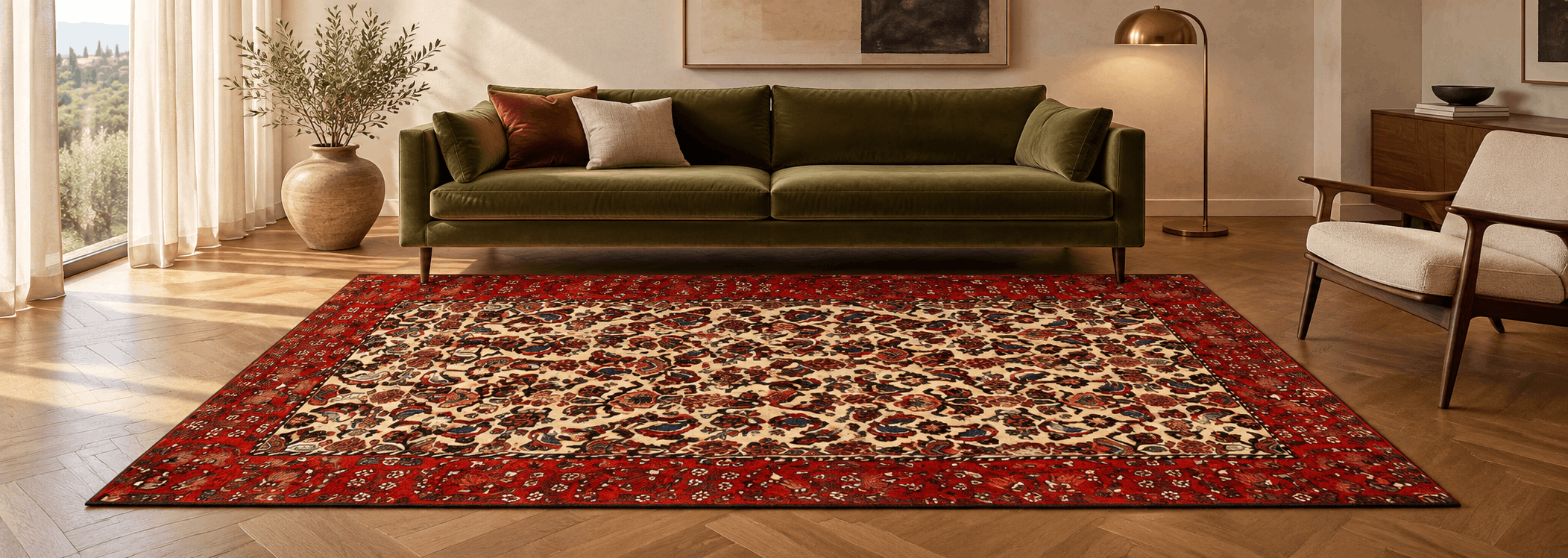 Authentischer persischer Abadeh Teppich harmonisch inszeniert im stilvollen Interieur Design