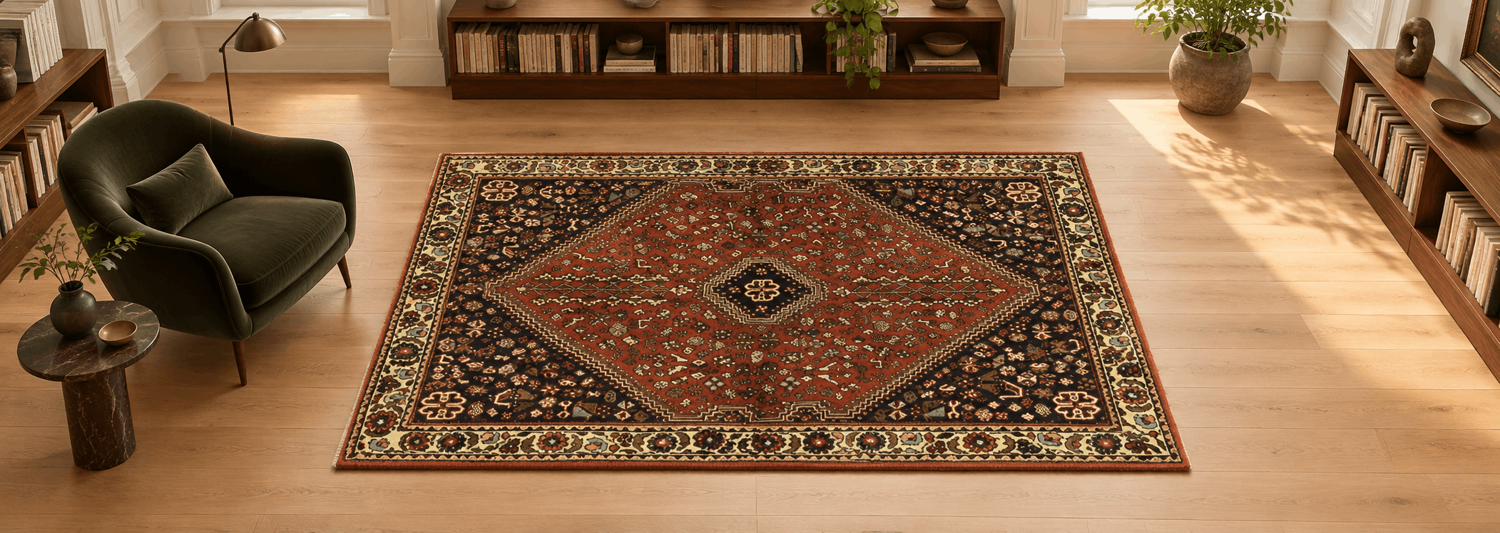 High-grade Abadeh Persian rug placed seamlessly in a contemporary modern living room