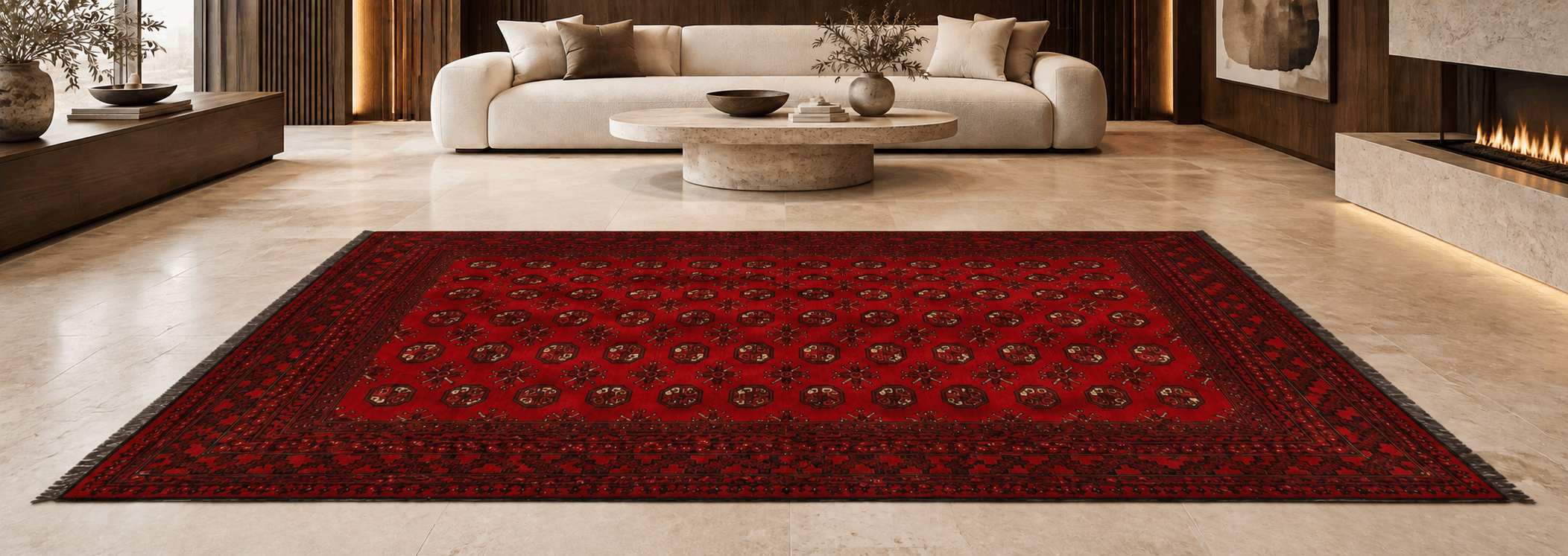 Fine Afghan hand-knotted tribal rug paired beautifully with wooden furniture