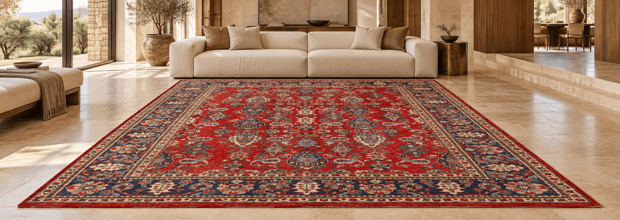 Echter afghanischer handgeknüpfter Teppich mit geometrischen Motiven harmonisch kombiniert mit Möbeln