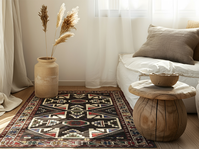 Antiker Belutsch Teppich in einem minimalistischen Wohnzimmer