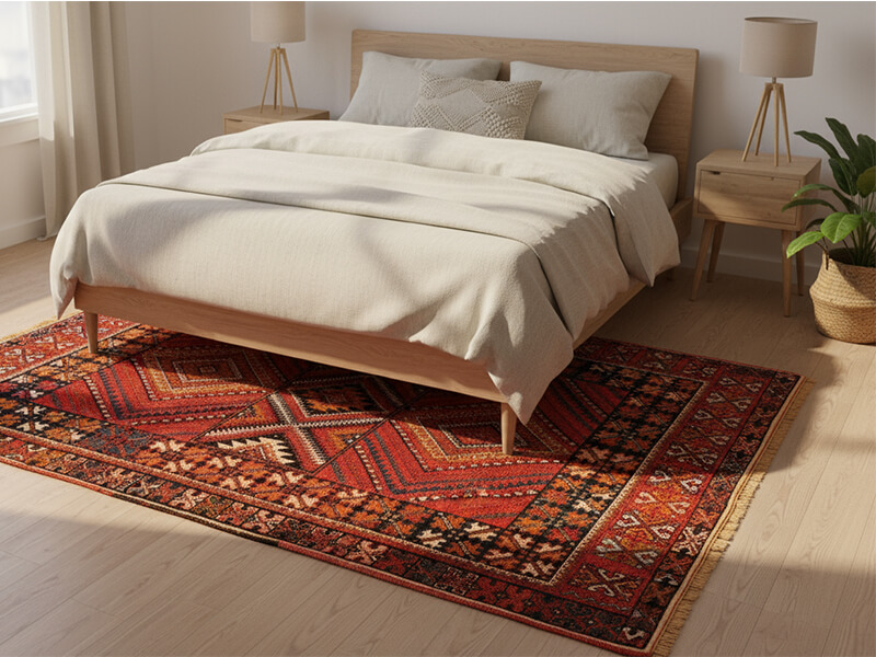 Elegant master bedroom with a large hand-knotted wool rug under the bed