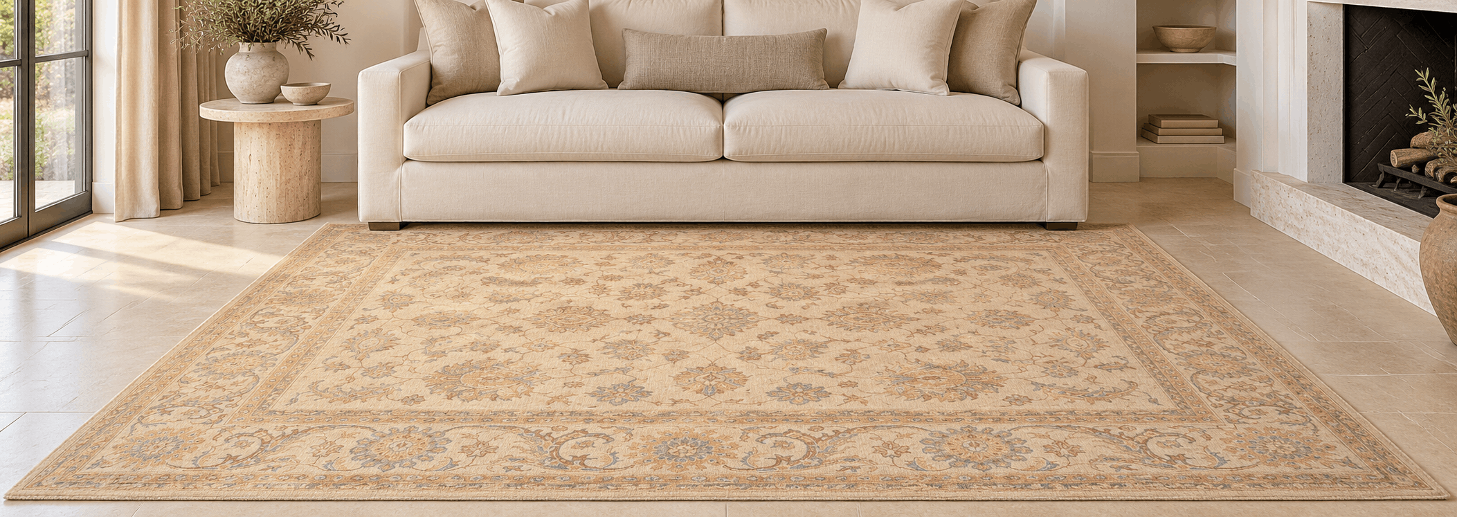 Luminous cream and beige hand-knotted Persian carpet laid out in a bright modern interior