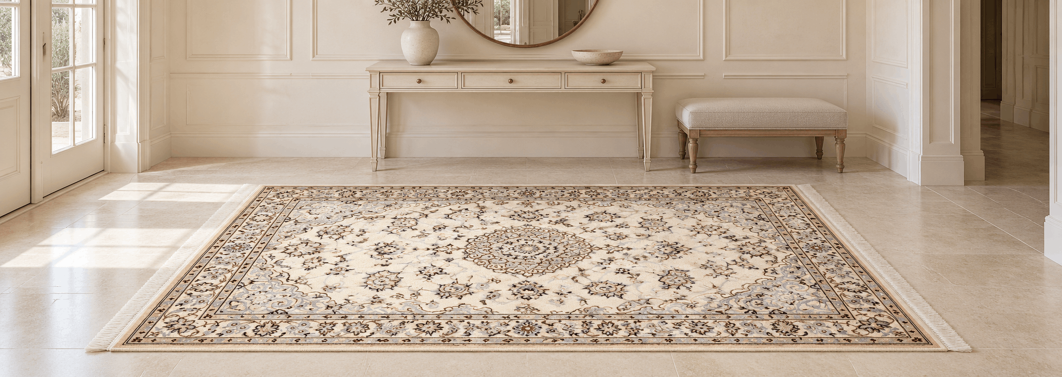 Close-up of intricate hand-knotted floral details with white silk highlights on a cream wool rug