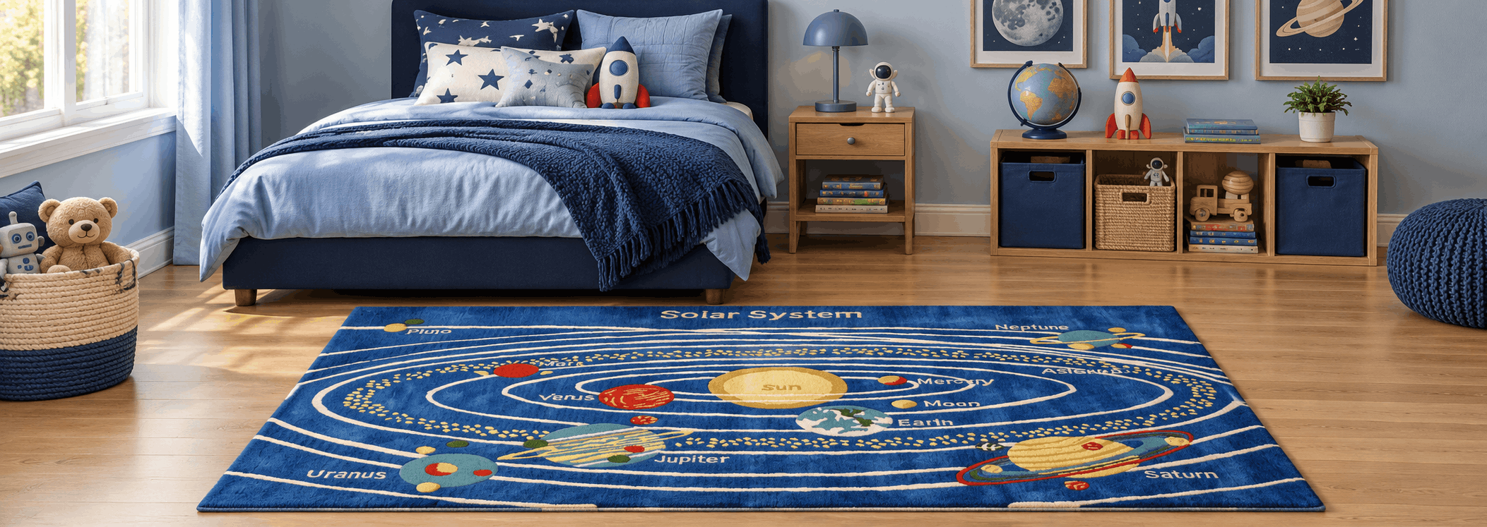 Hand-knotted royal blue and turquoise Persian rug in a tranquil modern bedroom