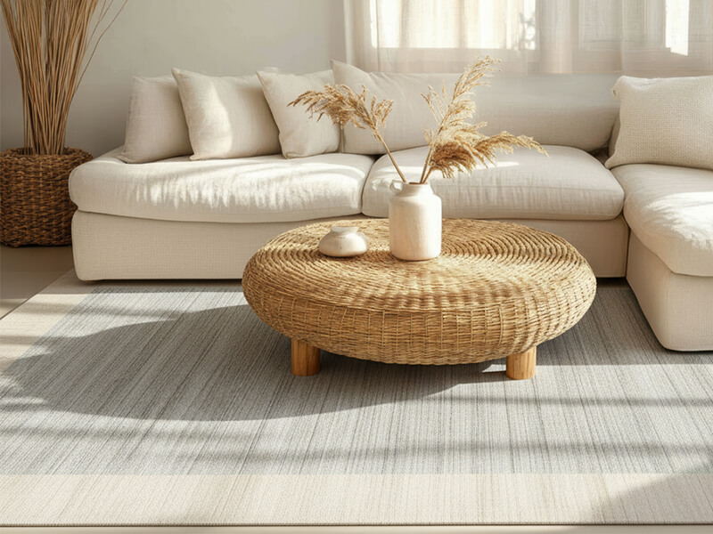 Detailaufnahme handgesponnener Wolle eines einfarbigen Teppichs