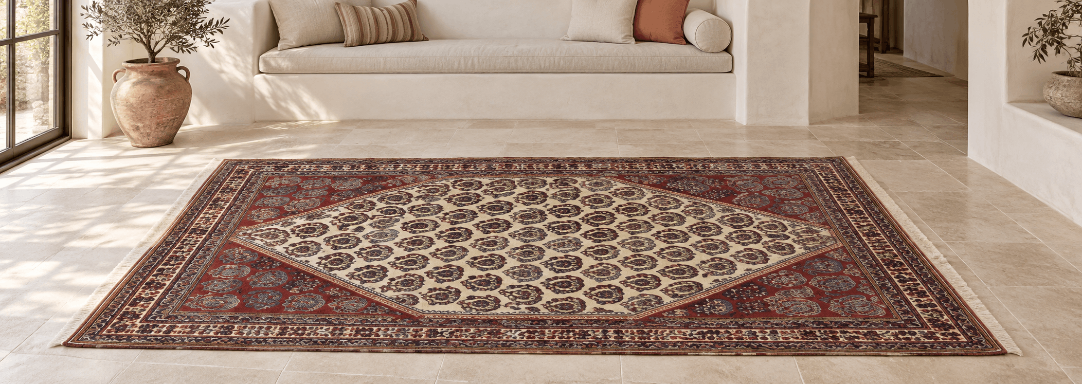Exclusive luxury hand-knotted carpet styled in a contemporary high-end living room interior