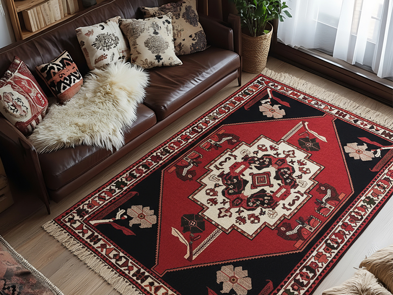 Modernes Wohnzimmer gestaltet mit einem großen nomadischen Ghaschghai Stammesteppich