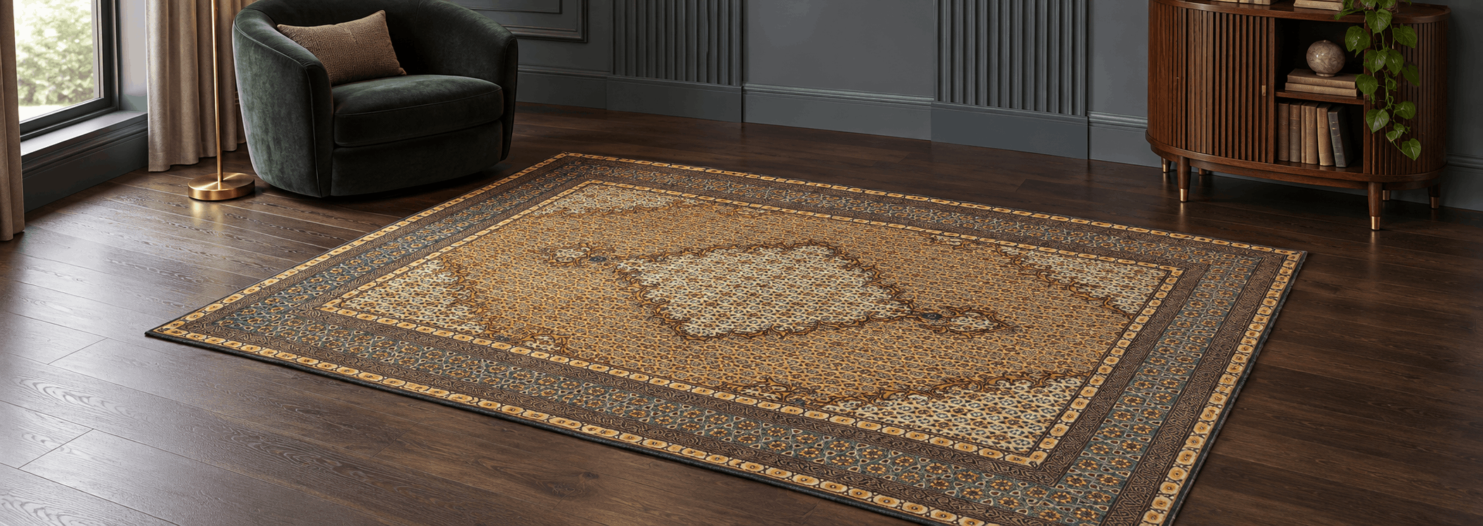 Macro detail of a fine Ghom Persian silk carpet highlighting the dense hand-knotted weave and lustrous finish