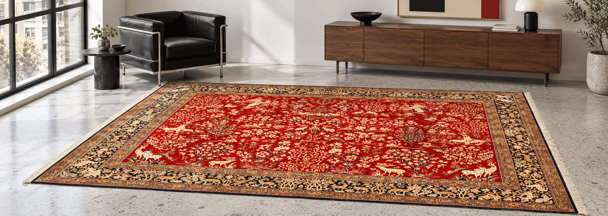 Artisanal Ghom Persian carpet showcasing the multifaceted Khesti brick pattern and delicate botanical borders