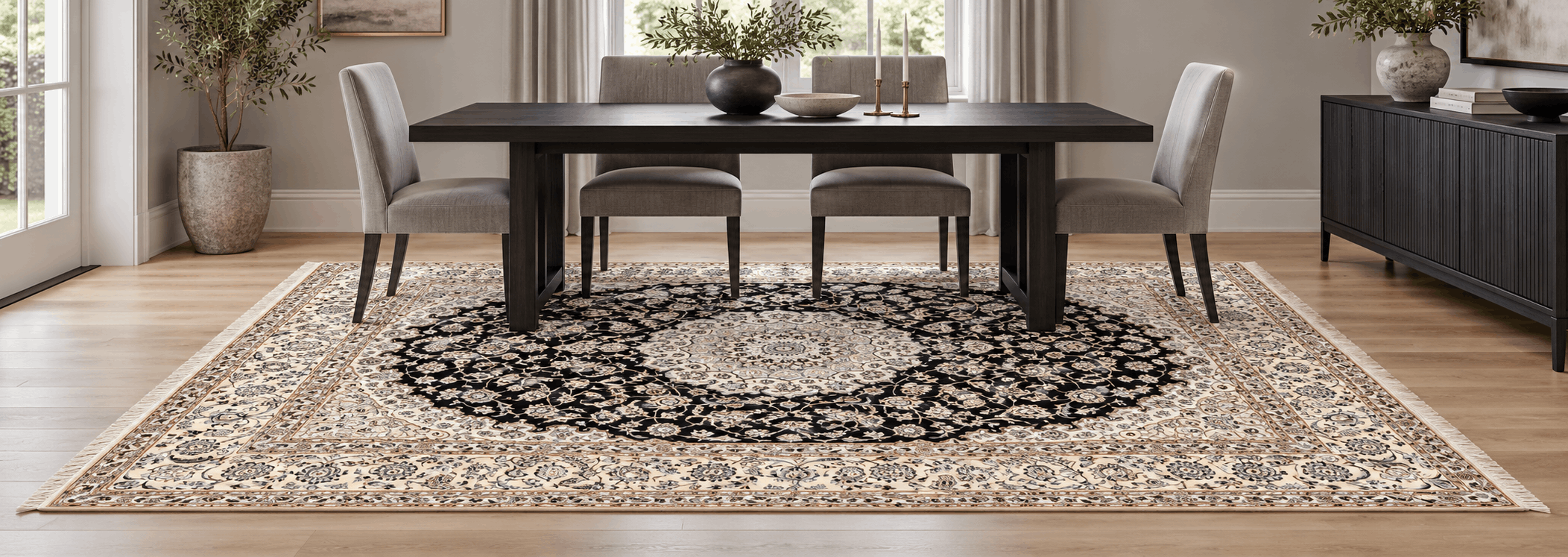 Authentic hand-knotted modern grey carpet in a bright Scandinavian living space