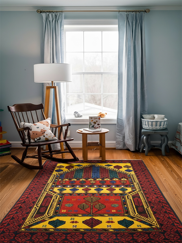 Close-up of hand-knotted Baluch rug texture and goat hair selvage