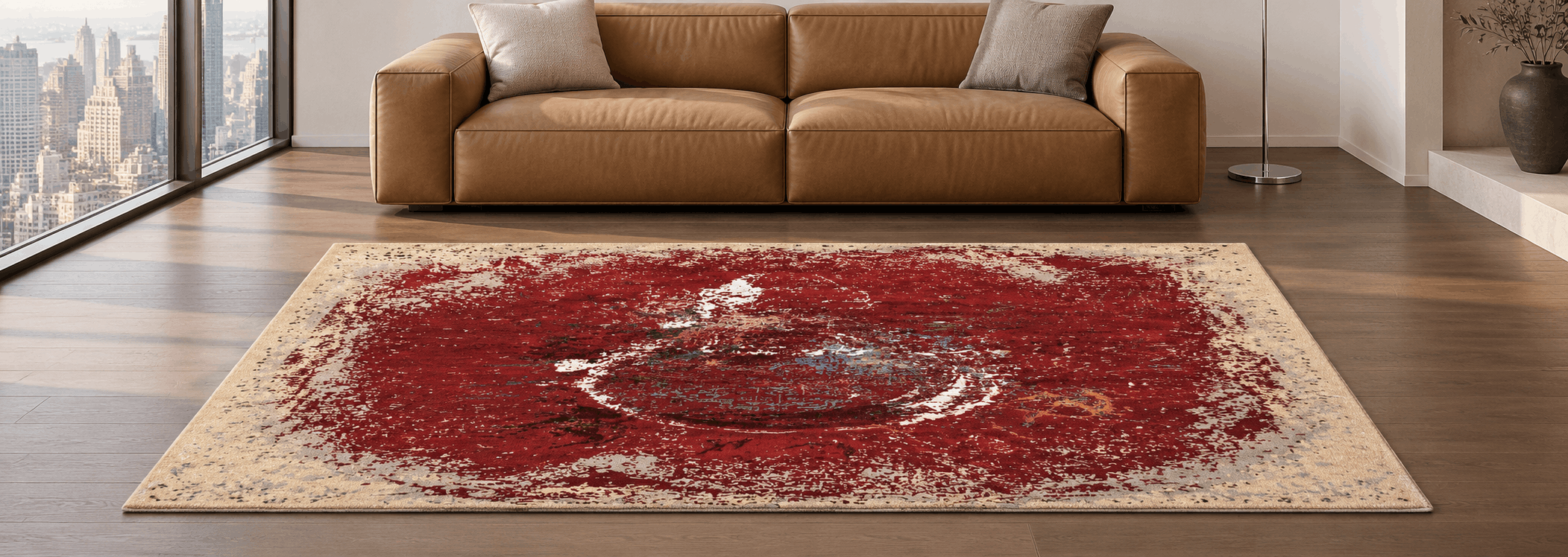 Hand-knotted Indian wool rug in an elegant, modern living room setting