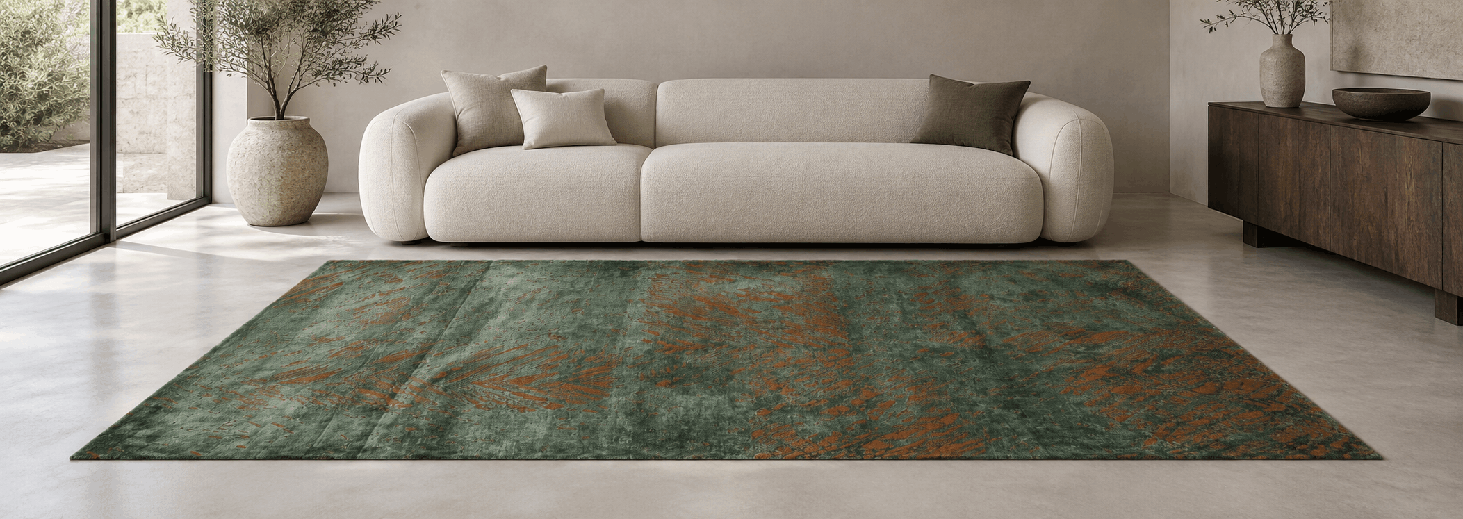 Close-up of fine knotting and silky wool sheen of an Indian carpet