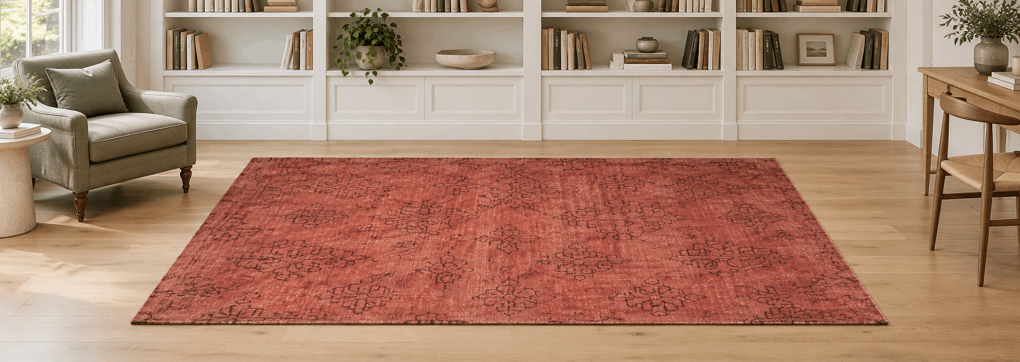 Handgeknüpfter indischer Wollteppich in eleganter Wohnraumarchitektur