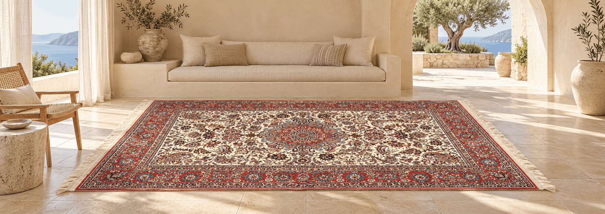 Inspecting an authentic hand-knotted Isfahan wool and silk rug for weave density at RugEast.com