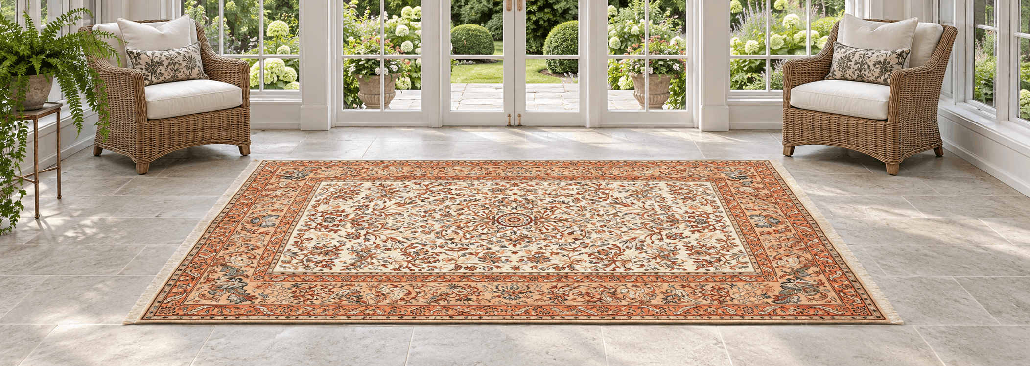 A masterful Kashan carpet featuring an intricate floral medallion design in a luxury home setting
