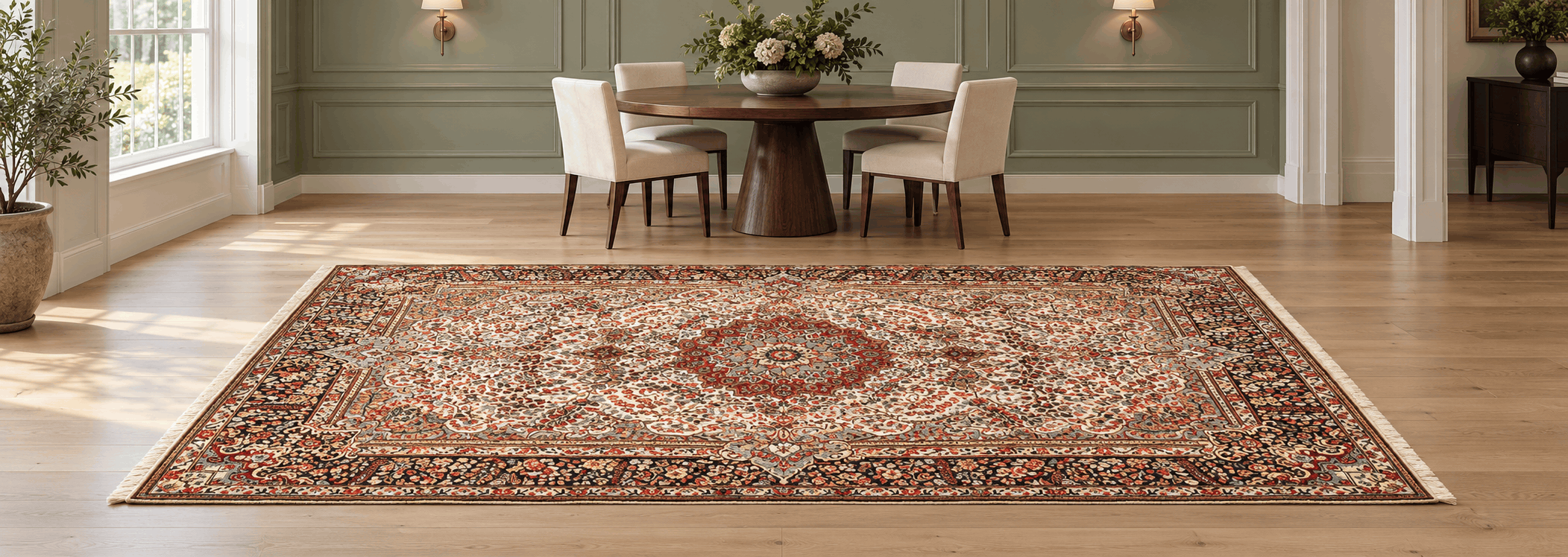 Moderner Wohnbereich mit elegantem Kerman Orientteppich als stilvollem Bodenakzent
