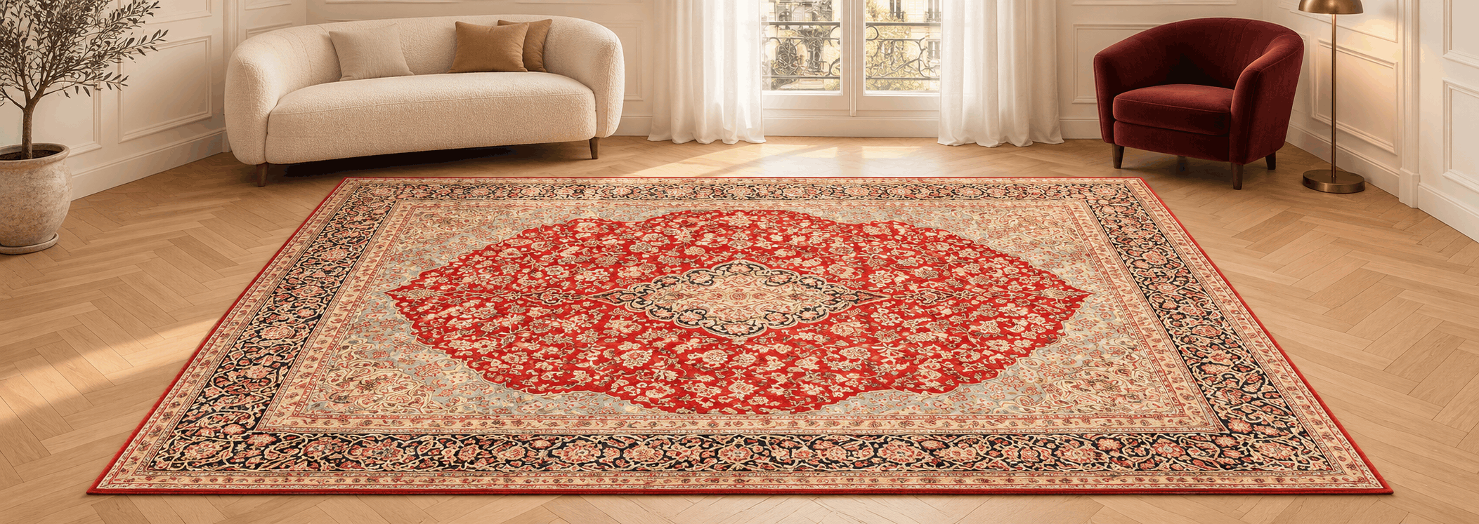 Close-up detail of a fine hand-knotted Kerman rug with complex Shah Abbasi floral motifs