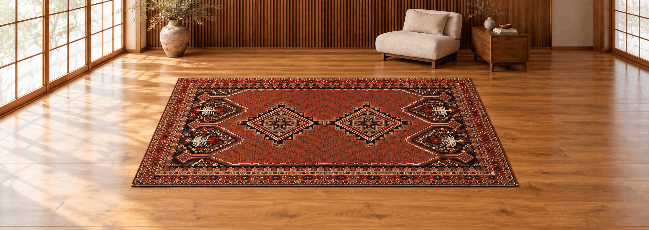 Spacious living room interior highlighted by a large-format antique Kerman Persian rug