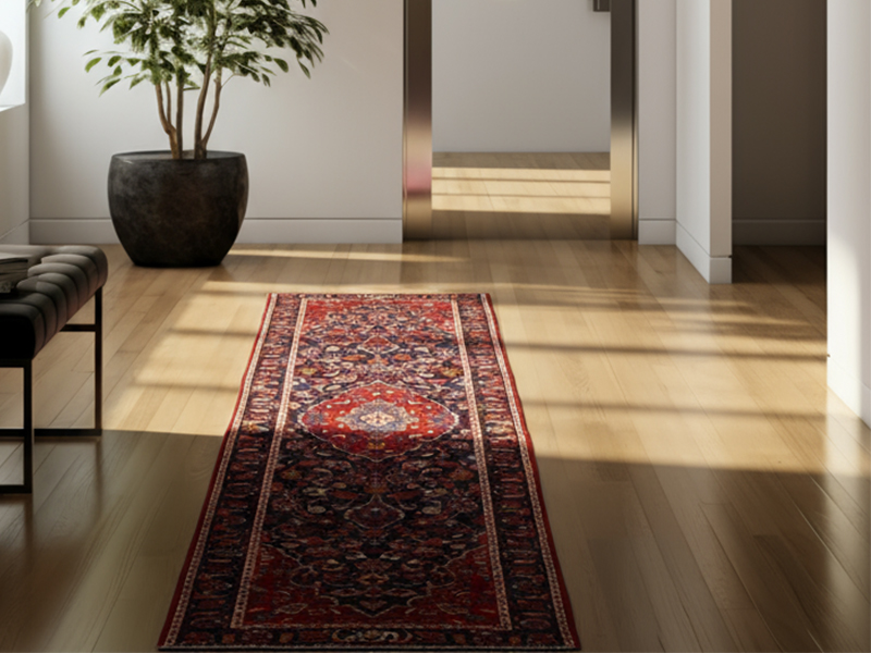 Close-up of a durable flat-weave Kilim in a kitchen setting