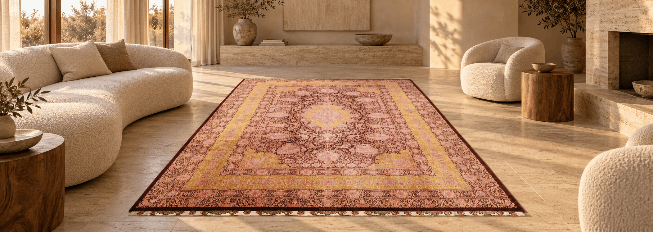 Fine details and shimmering pile of handcrafted luxury mulberry silk carpet