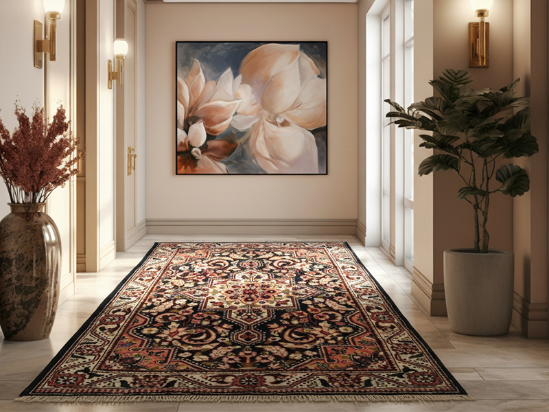 Close-up of the dense Turkish knot and vibrant madder red wool in a Hamedan rug