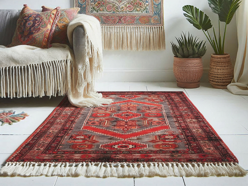 Antiker Malayer-Teppich mit komplizierten Blumenmotiven und tiefblauer Bordüre