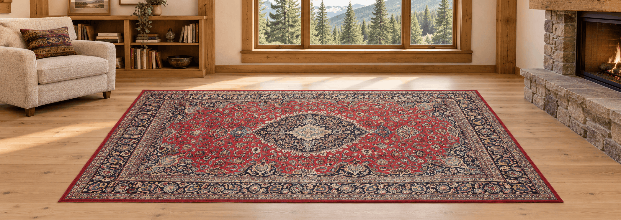 Loom detail of a hand-knotted Mashhad rug highlighting rich wool density and intricate floral border systems