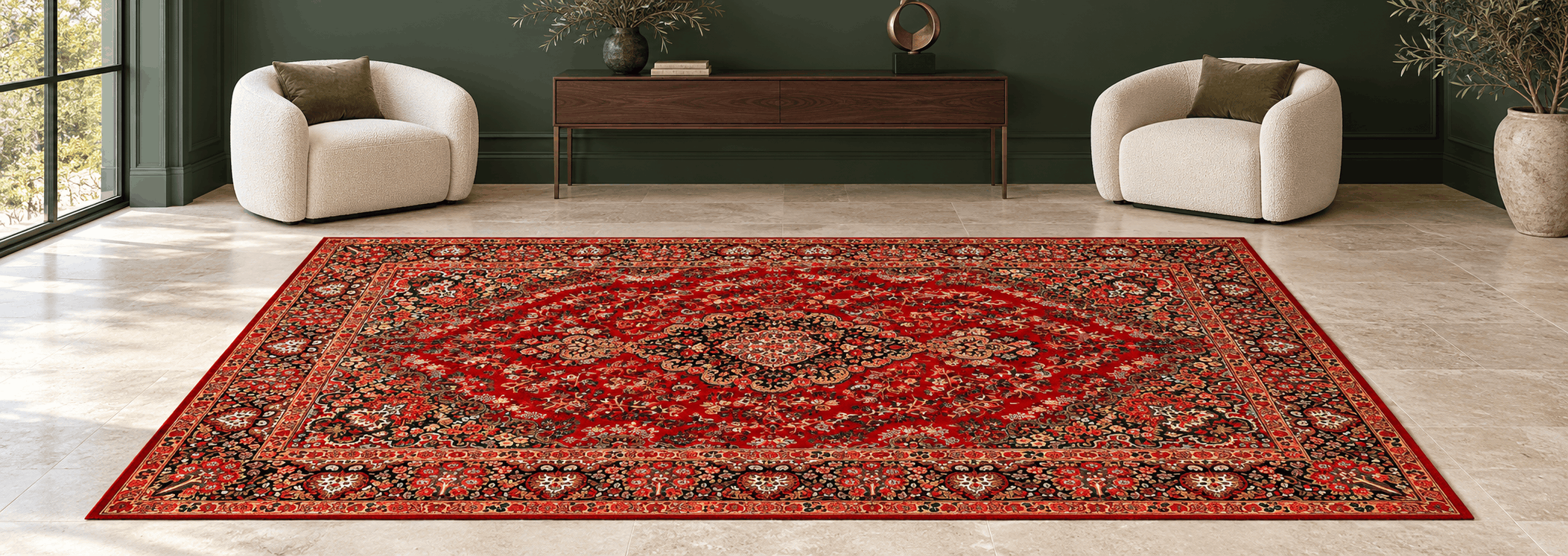 Fine Birjand Persian wool rug under a large wooden dining room table