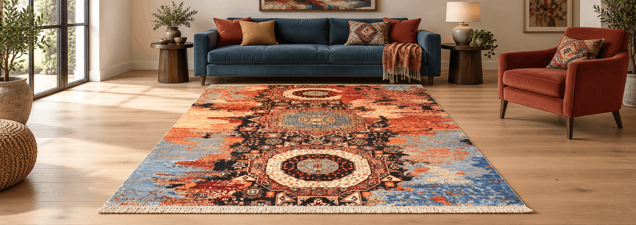 Hand-knotted vibrant multicoloured Persian tribal rug anchoring an eclectic modern living space