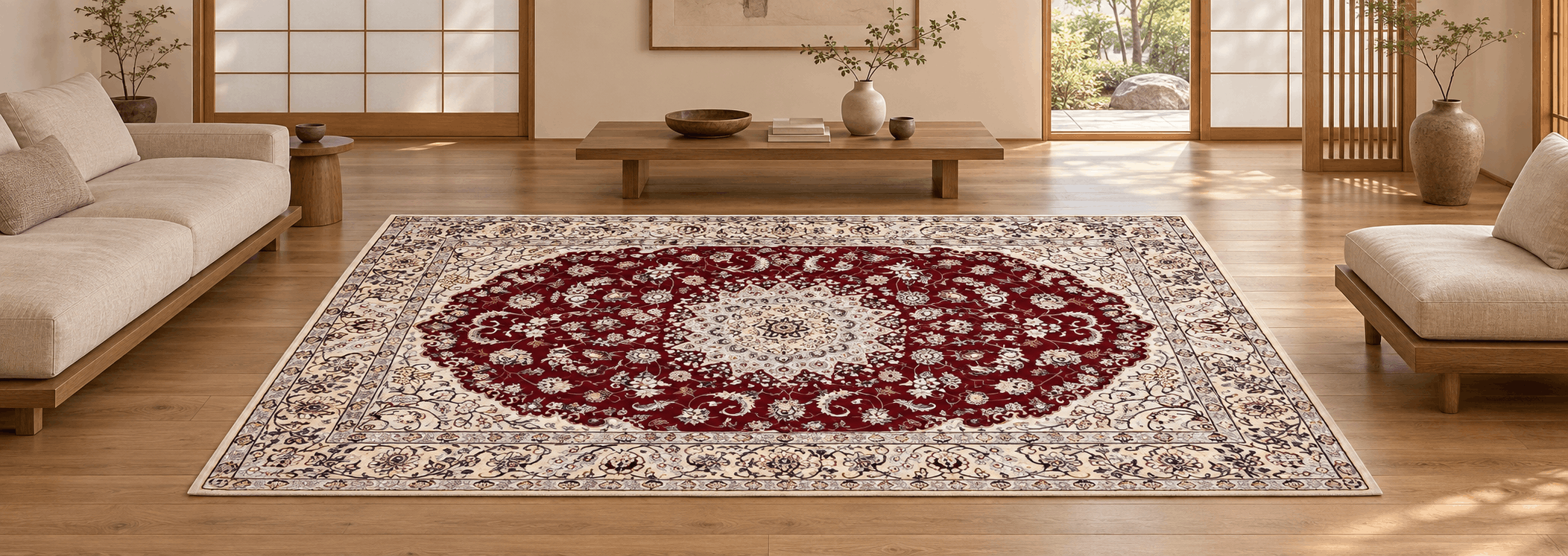Klassischer Nain Perserteppich mit floralen Ranken und Medaillon in Elfenbein und Blau