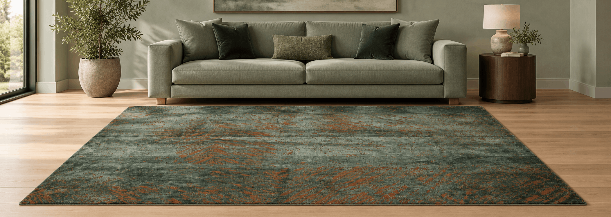 Hand-knotted olive green Persian rug with delicate ivory motifs in an elegant living room