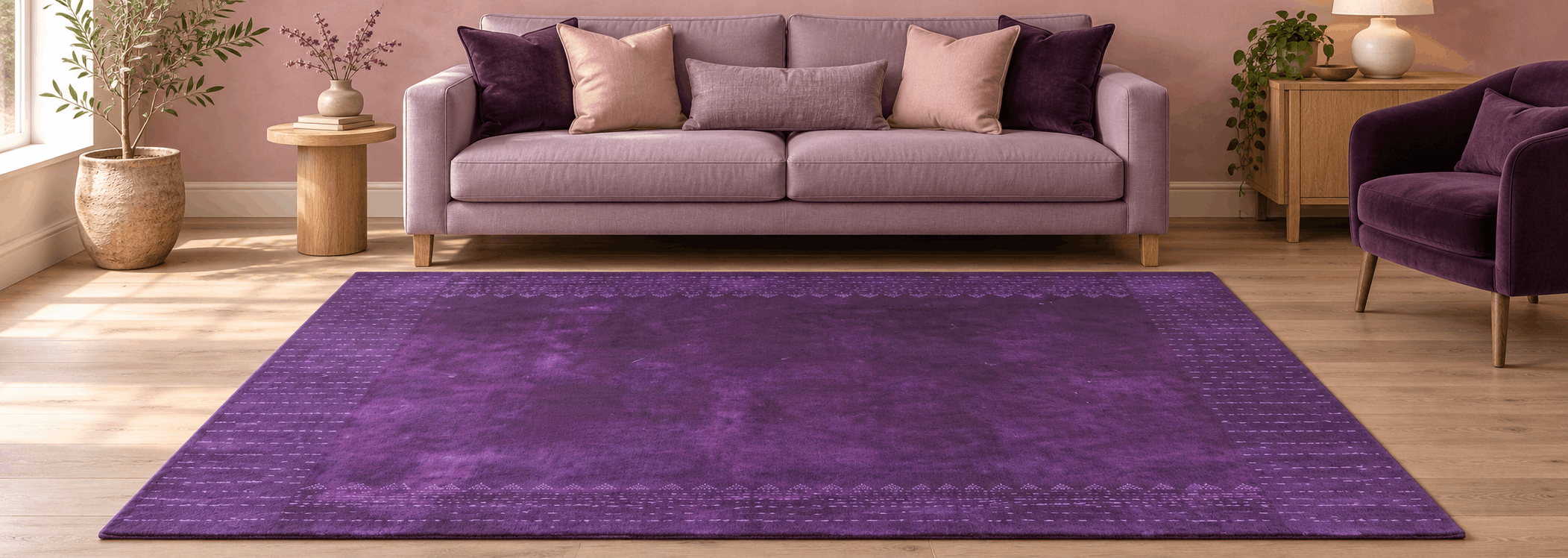 Hand-knotted purple and dusty rose oriental rug in an eclectic luxury interior