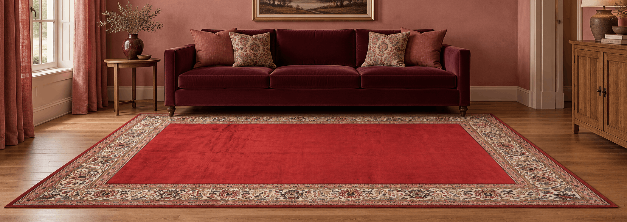 Close-up detail of dense wool pile and madder red natural dyes in a hand-knotted Persian carpet