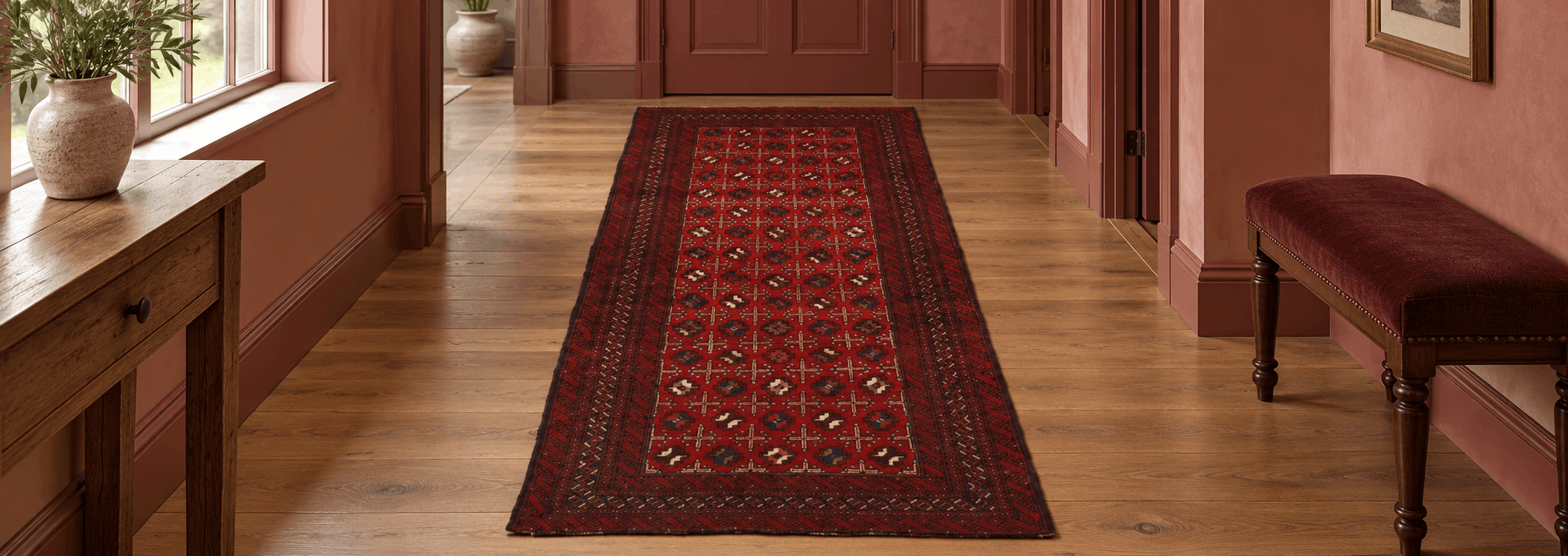Hand-knotted traditional red Persian rug styled in an elegant dining room