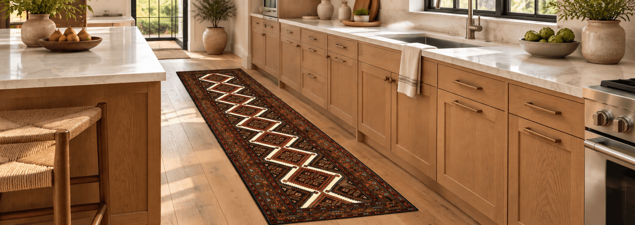 Macro detail of high knot density, crisp geometric patterns, and plant-based vegetable dyes in an oriental runner rug