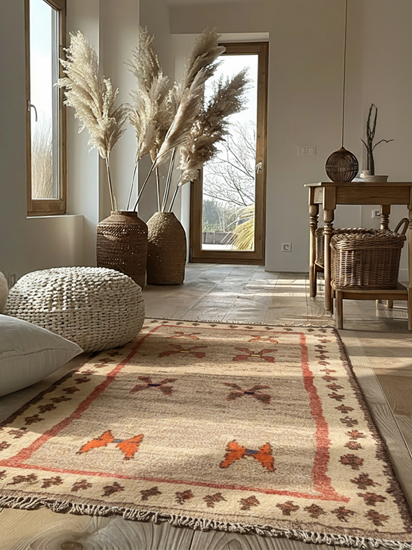 Authentic Shiraz tribal rug with diamond medallions in a modern living room