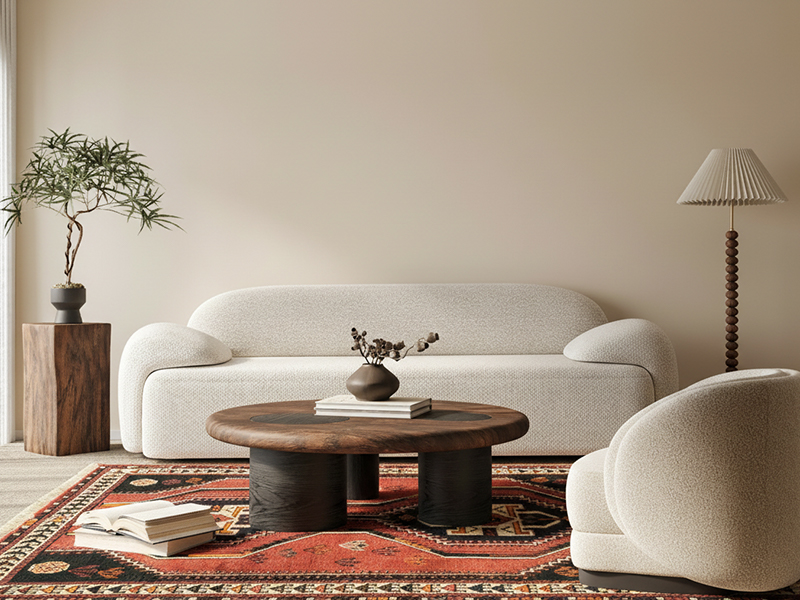 Authentischer Shiraz Nomadenteppich mit Rauten-Medaillons in einem modernen Wohnzimmer