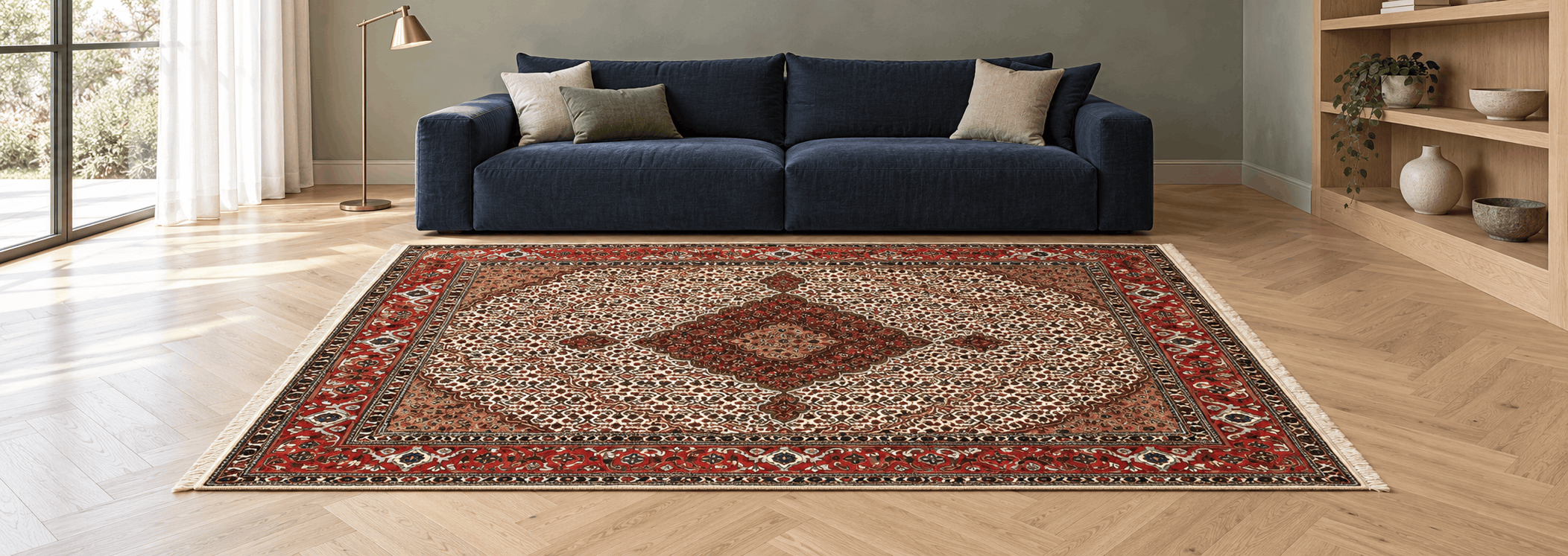 Grand hand-knotted Tabriz silk and wool carpet styled in a modern luxury living space
