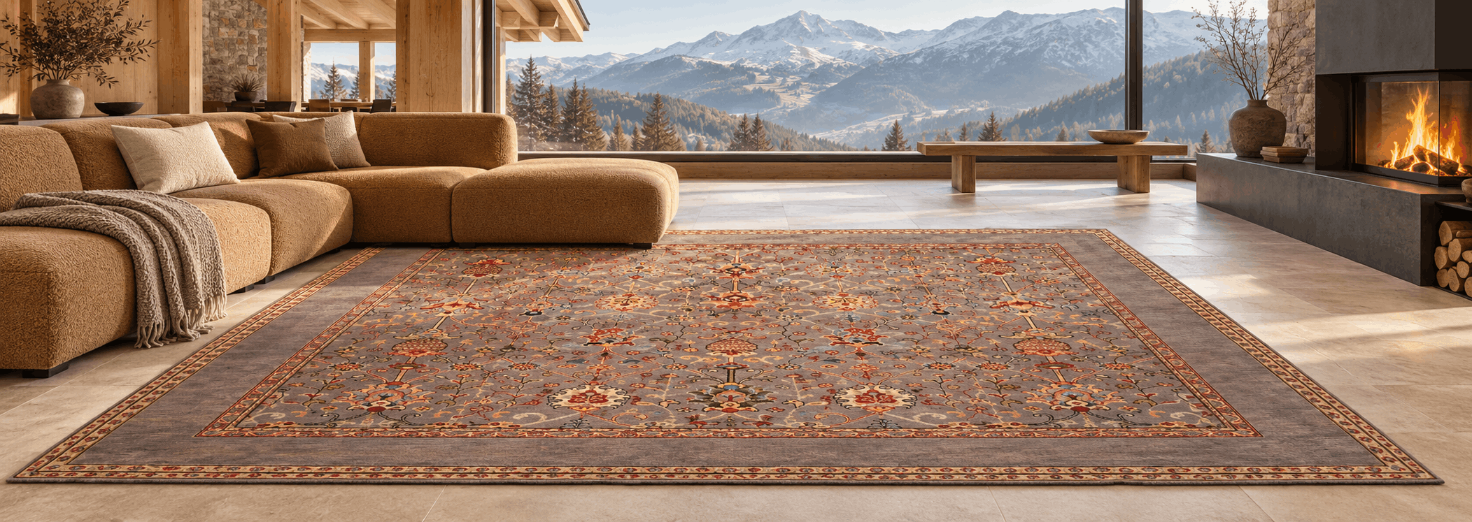 Hand-knotted Ziegler and Kazak rugs displayed in an elegant modern interior setting