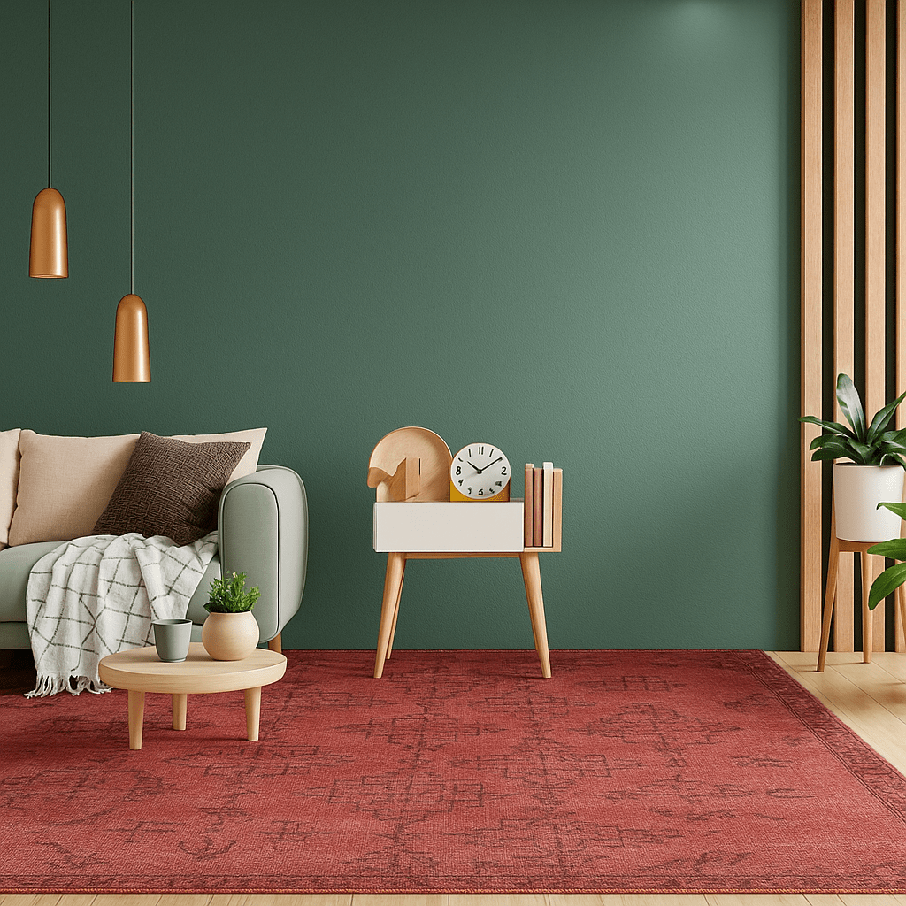 Moderner Gabbeh Teppich in einem Wohnzimmer mit Holzoptik