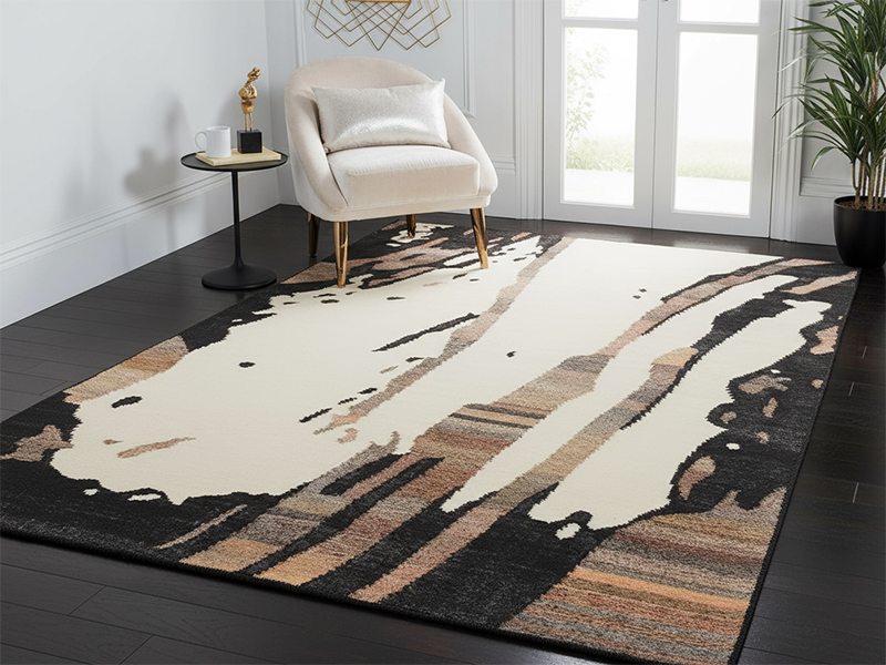 Modern Indian wool rug in a bright, Scandinavian-style living room