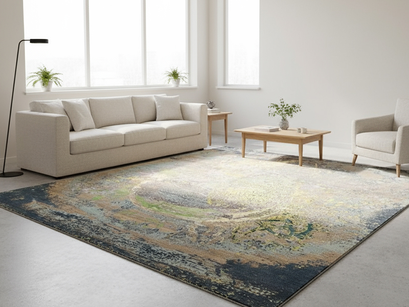 Moderner indischer Wollteppich in einem hellen, skandinavischen Wohnzimmer