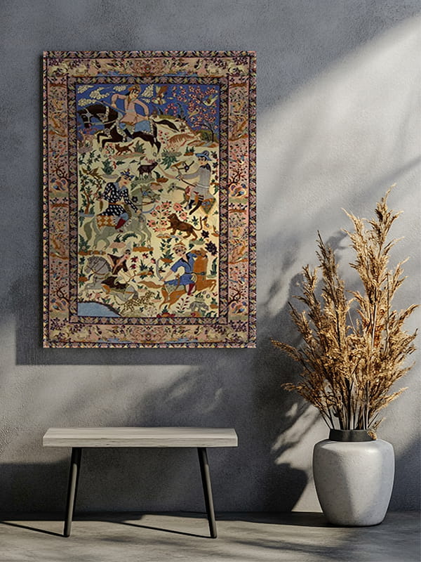 Intricate close-up detail of silk and Kork wool knots in a Persian Isfahan rug
