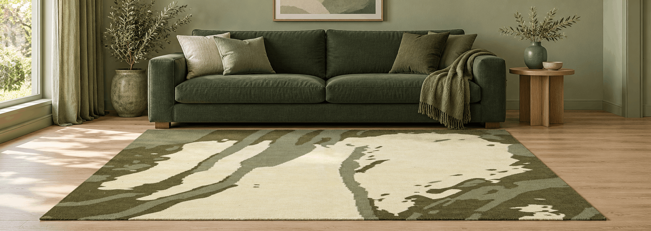Handgeknüpfter olivgrüner Orientteppich mit zarten floralen Details in modernem Ambiente
